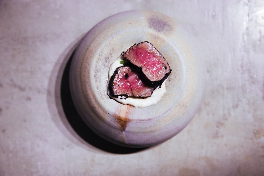 Smoked eel cream, wagyu, ash and chives