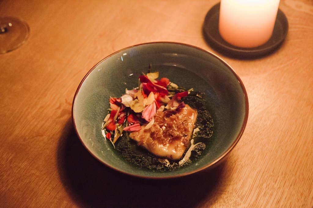 Grilled turbot, nettles and flowers